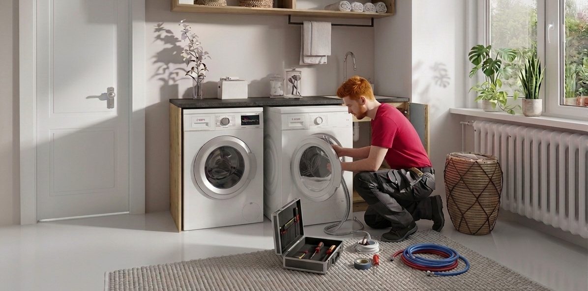 Technician connecting a washing machine in a Swiss apartment