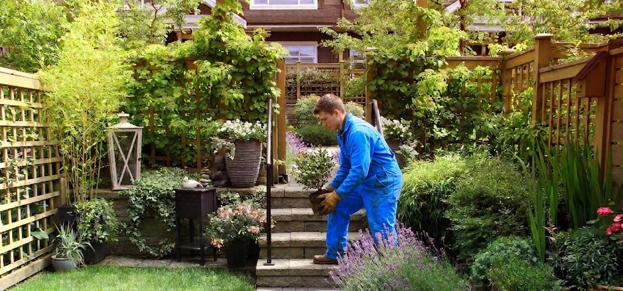 Werkara gardener planting shrubs in a private garden in Switzerland