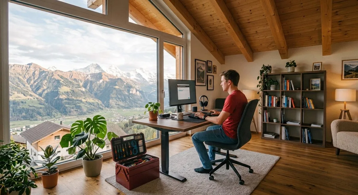 A Werkara IT helper setting up a computer and home network in Switzerland