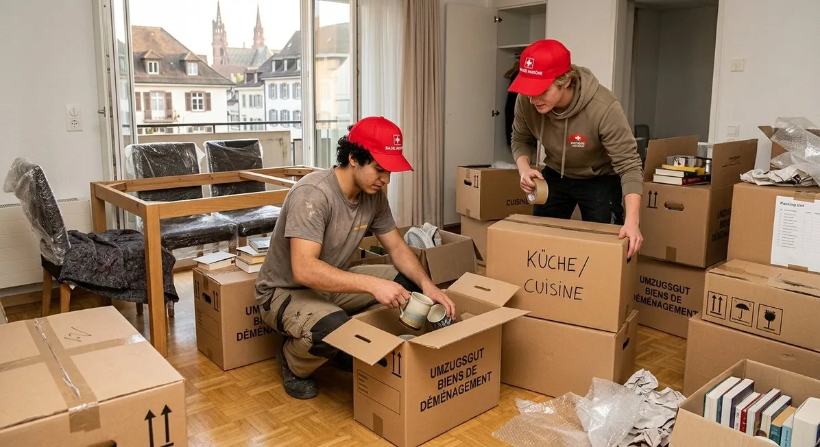 Werkara movers packing boxes during a move in a Swiss flat