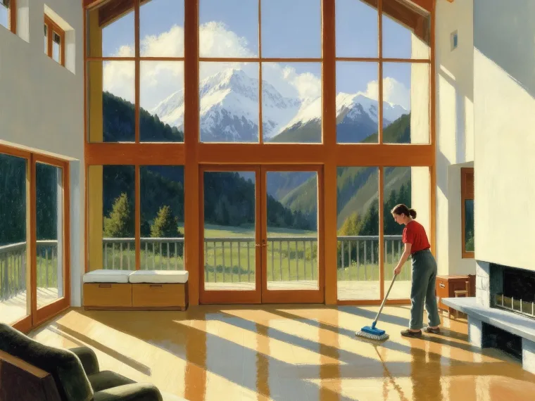 Werkara-Taskerin wischt den Boden im sonnigen Wohnzimmer eines Schweizer Chalets mit Blick auf verschneite Berge