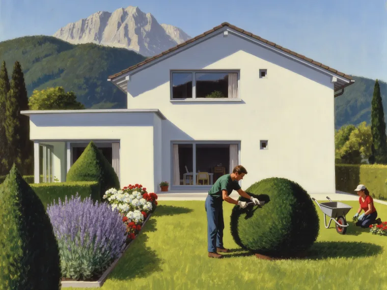 Werkara-Tasker schneiden eine Hecke und pflanzen Blumen im Garten eines Schweizer Hauses vor den Bergen