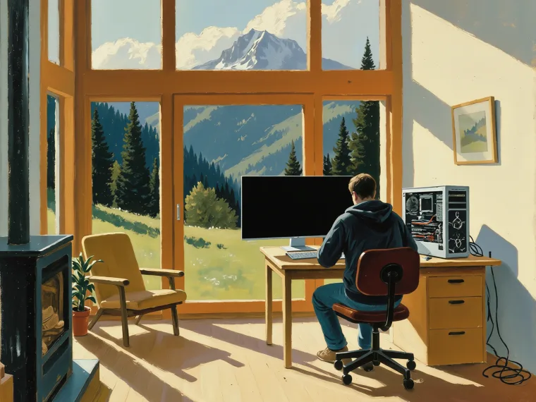 Werkara-Tasker arbeitet am Computer in einem sonnigen Bergchalet, ein offenes PC-Gehäuse auf dem Tisch