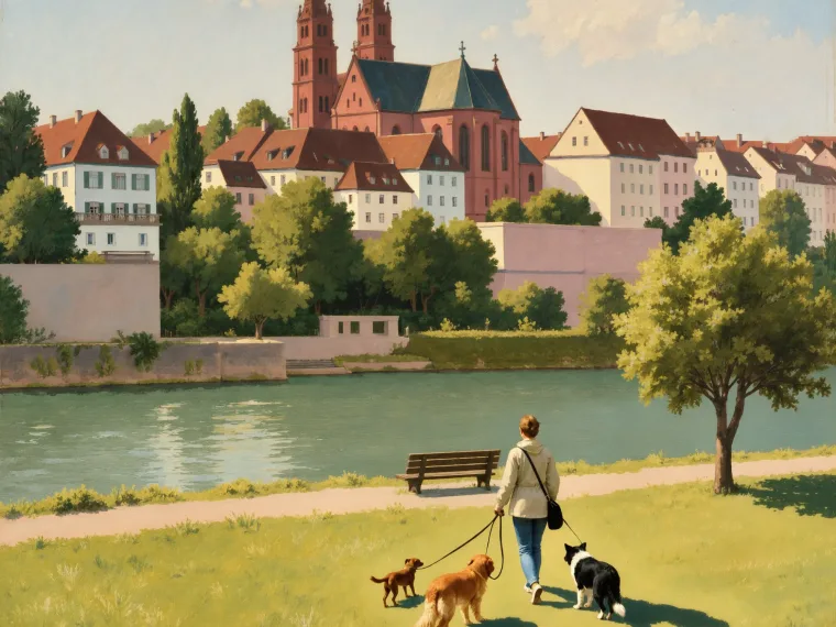 Werkara-Taskerin geht mit drei Hunden am Rhein in Basel spazieren, gegenüber das Münster