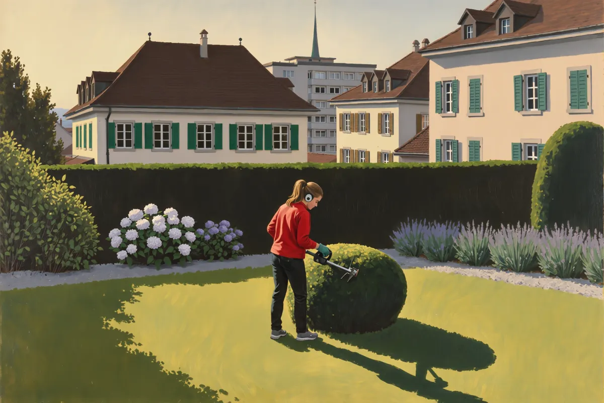 Eine junge Taskerin schneidet in einem Garten einen runden Busch, rundherum Hortensien und Lavendel