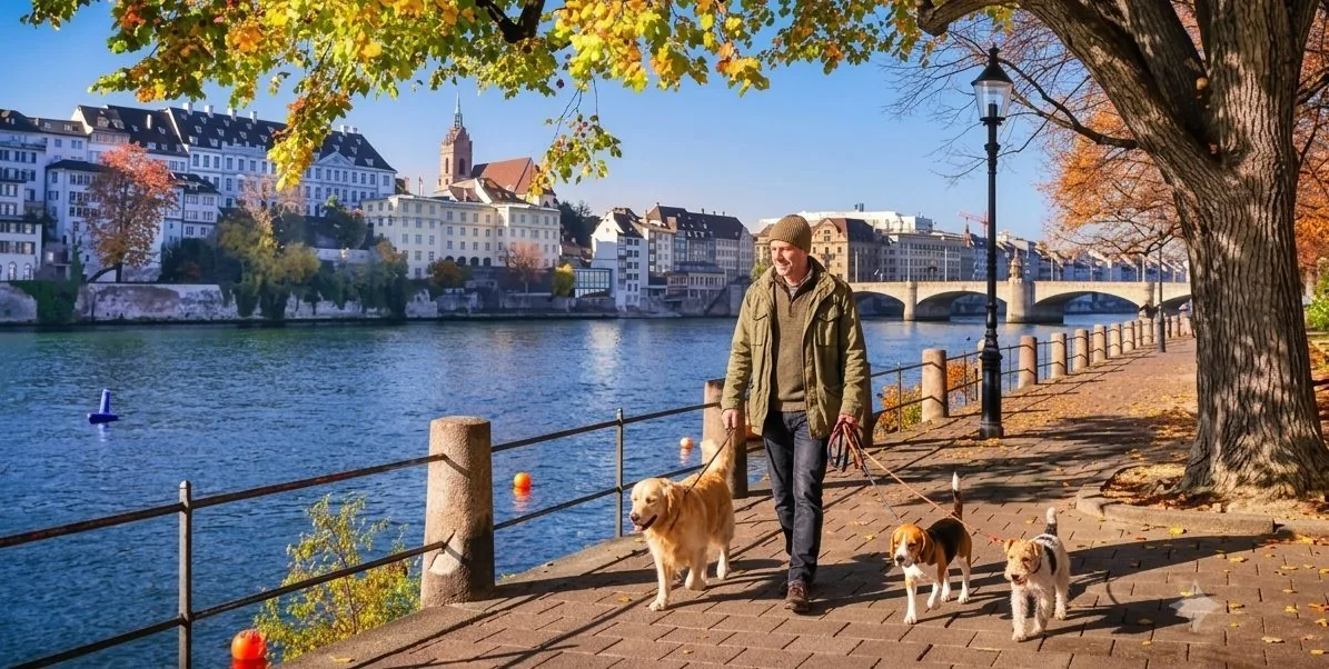 Hundespaziergang mit einem Werkara-Tasker an der Rheinpromenade in Basel