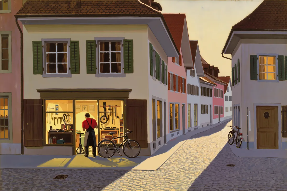 Ein Handwerker in seiner kleinen Werkstatt an einer Altstadtgasse, vor der offenen Tür ein Velo